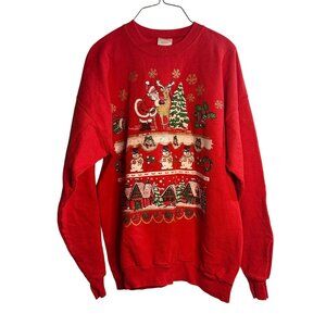 VTG 90s Hanes Christmas Sweatshirt Womens Large 23x27 Santa Snowmen Red Crewneck